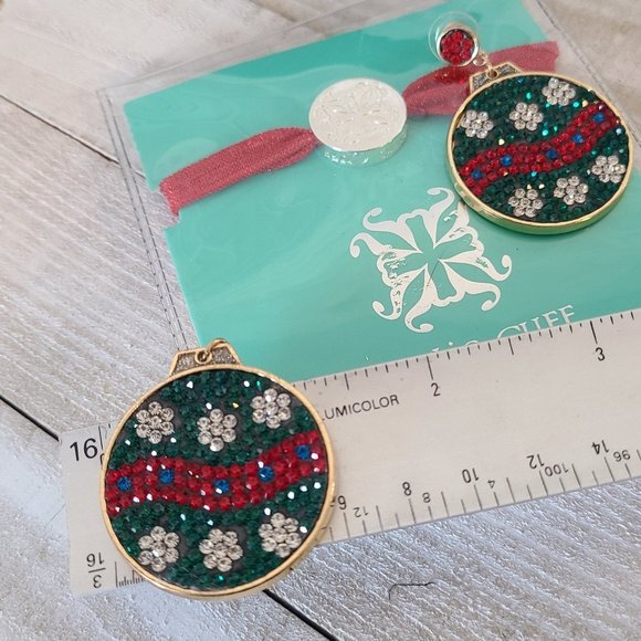 Christmas Bracelet and Ornament Earrings Blingy Sparkles Pierced Rustic Cuff - Picture 6 of 6